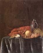 Pieter Gijsels Still life of a lemon,hazelnuts and a crab on a pewter dish,together with a lobster,oysters two wine-glasses,green grapes and a stoneware flagon,all u USA oil painting artist